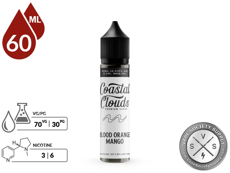 Blood Orange Mango Coastal Clouds 60ml bottle with a 70/30 VG/PG icon and nicotine strength icons