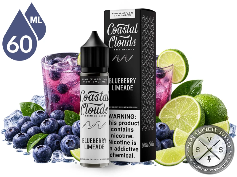 Blueberry Limeade Coastal Clouds 60ml bottle and box with blueberries, limes and glasses of blueberry limeade