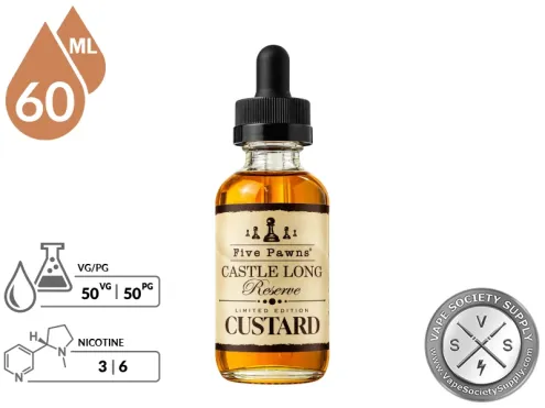 Castle Long Reserve Custard Five Pawns 60ml bottle with a 50/50 VG/PG icon and nicotine strength icons