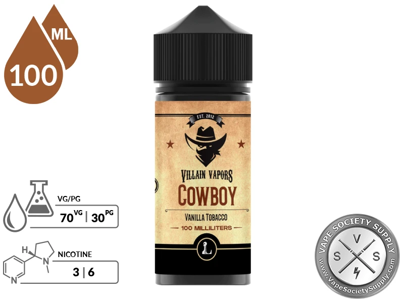 Cowboy Villain Vapors 100ml bottle with a 70/30 VG/PG icon and nicotine strength icons