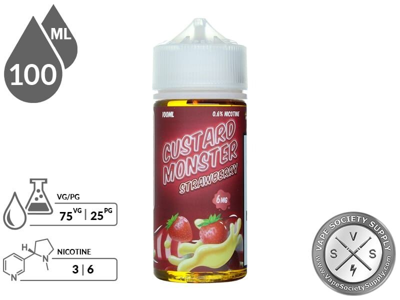 Strawberry Custard Monster 100ml bottle with 75VG/25PG and 3mg and 6mg nicotine icons