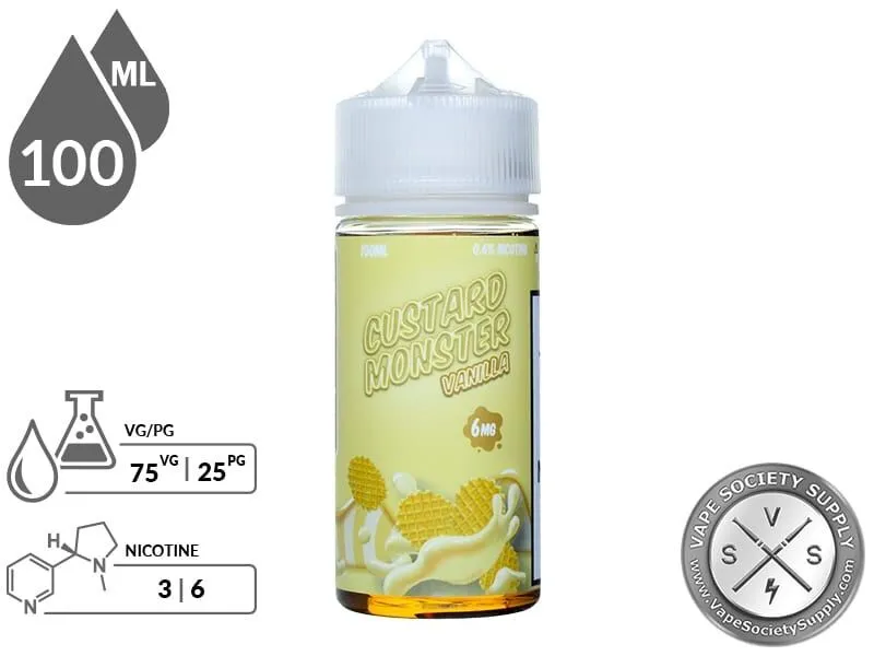 Vanilla Custard Monster 100ml bottle with 75VG/25PG and 3mg and 6mg nicotine icons