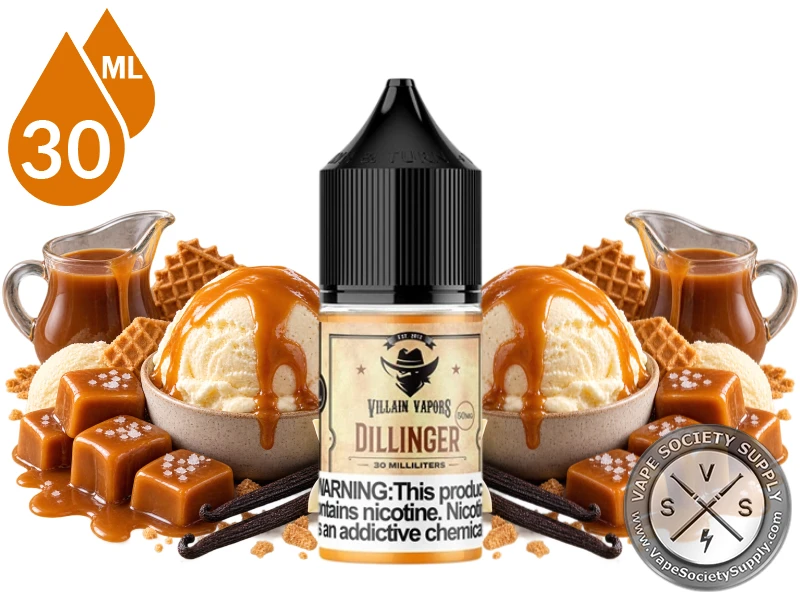 Dillinger Villain Vapors Salt 30ml bottle with vanilla ice cream, caramel sauce, caramel pieces and waffle pieces