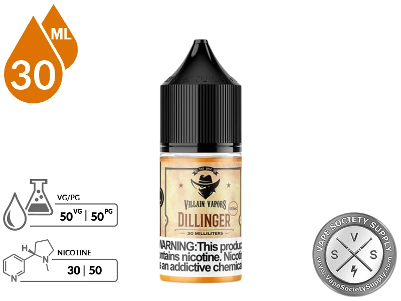 Dillinger Villain Vapors Salt 30ml bottle with a 50/50 VG/PG icon and nicotine strength icons