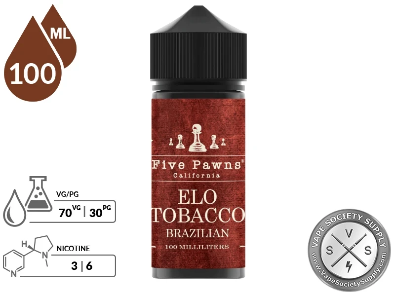 Elo Tobacco Five Pawns 100ml bottle with a 70/30 VG/PG icon and nicotine strength icons