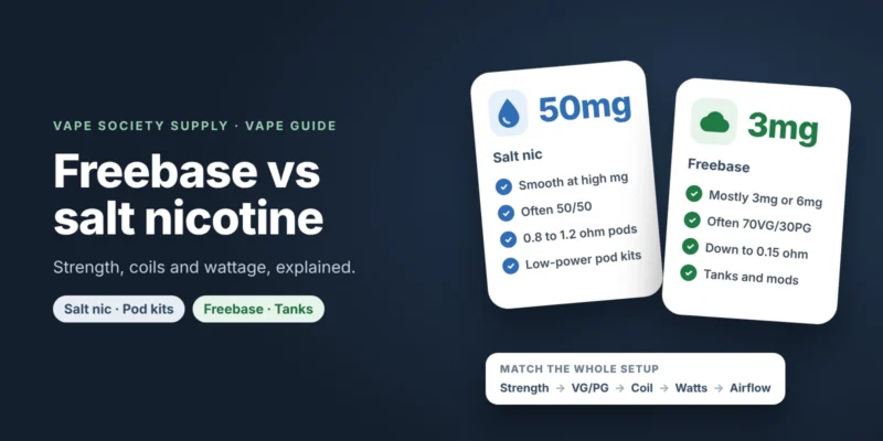 Freebase vs salt nicotine guide graphic: salt nic at 50mg and freebase at 3mg, with the VG/PG and coil resistance for each