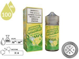 Mint Lemonade Monster 100ml bottle and box with 70VG/30PG and 3mg and 6mg nicotine icons