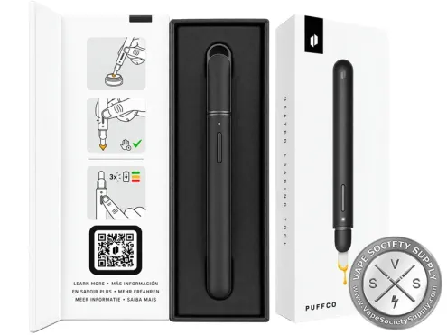 Puffco Hot Knife V2 in Onyx in its open box, beside picture steps for scooping, heating and checking the battery