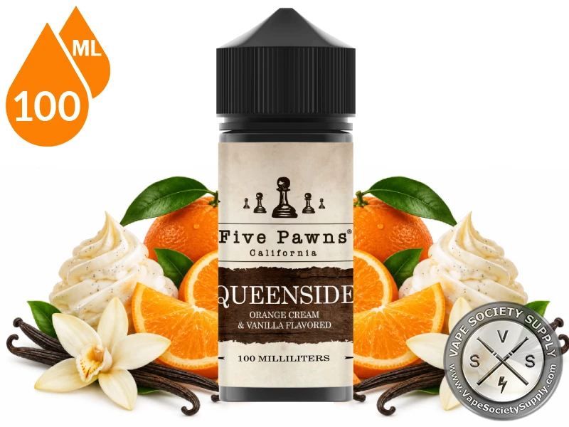 Queenside Five Pawns 100ml bottle with oranges, whipped cream and vanilla flowers