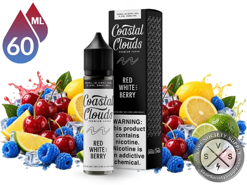 Red White and Berry Coastal Clouds 60ml bottle and box with cherries, lemons, limes and blue raspberries