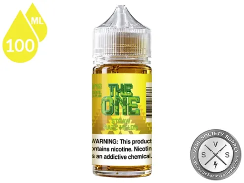 Straw Razz Melon THE ONE 100ml bottle with a 70/30 VG/PG icon and nicotine strength icons