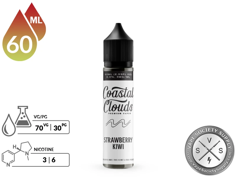 Strawberry Kiwi Coastal Clouds 60ml bottle with a 70/30 VG/PG icon and nicotine strength icons