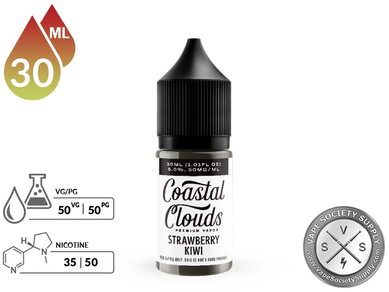 Strawberry Kiwi Coastal Clouds Salt 30ml bottle with a 50/50 VG/PG icon and nicotine strength icons