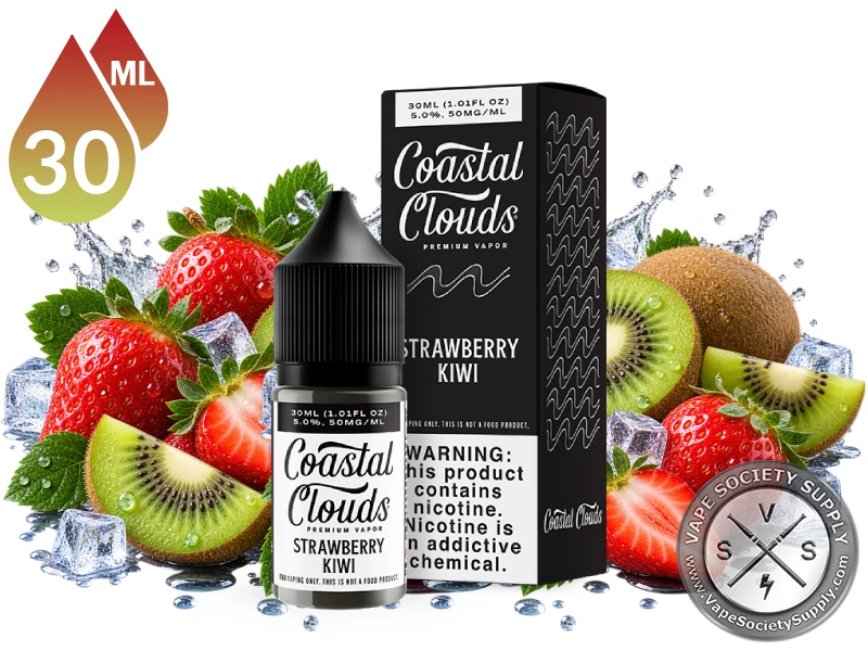 Strawberry Kiwi Coastal Clouds Salt 30ml bottle and box with strawberries, kiwi and ice