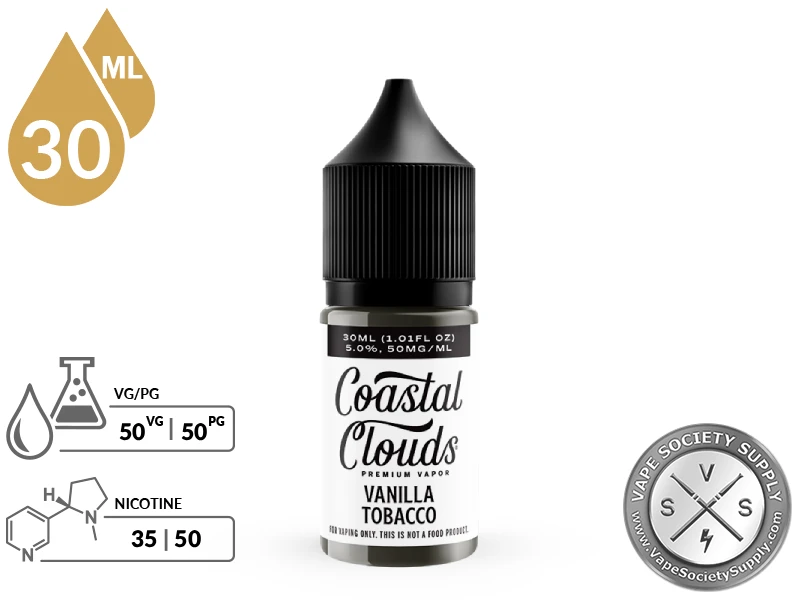 Vanilla Tobacco Coastal Clouds Salt 30ml bottle with a 50/50 VG/PG icon and nicotine strength icons