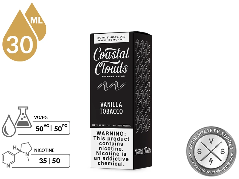 Vanilla Tobacco Coastal Clouds Salt 30ml bottle and box with a 50/50 VG/PG icon and nicotine strength icons