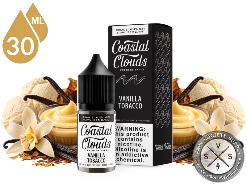 Vanilla Tobacco Coastal Clouds Salt 30ml bottle and box with vanilla ice cream, vanilla beans and tobacco leaves