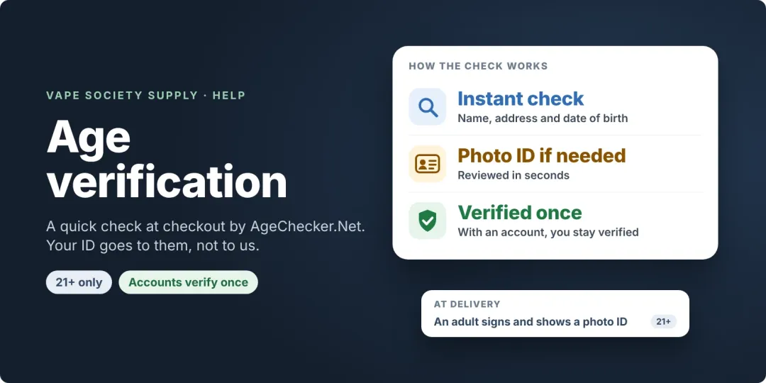 Age verification at Vape Society Supply: your details, an instant check, and a photo ID only if needed