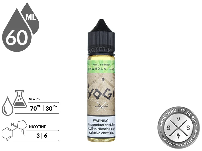 Apple Cinnamon Granola Bar by YOGI 60ml bottle with a 70/30 VG/PG icon and nicotine strength icons