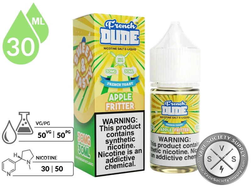 Apple Fritter by French Dude Salt 30ml bottle and box with a 50/50 VG/PG icon and nicotine strength icons