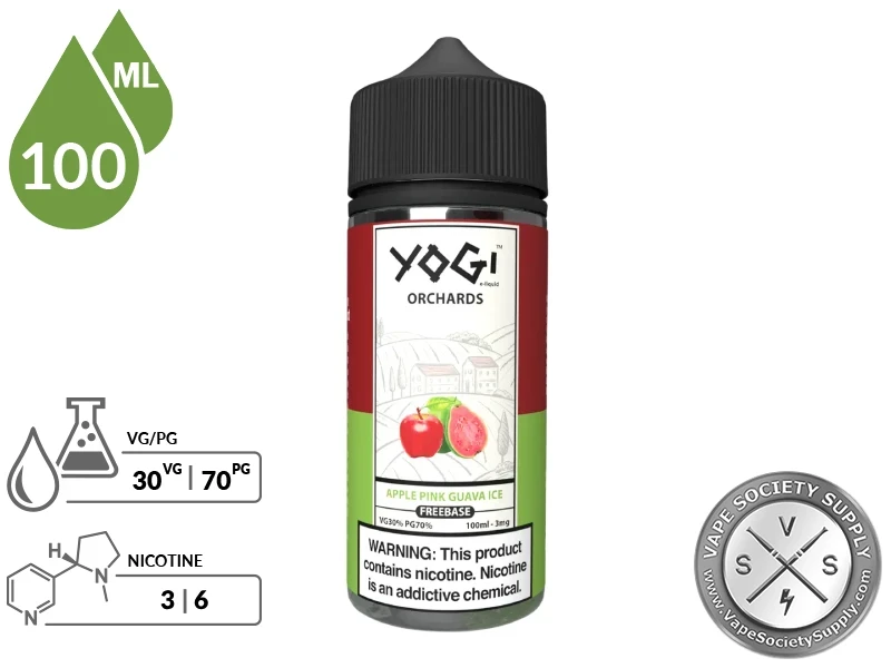Apple Pink Guava Ice by YOGI Orchards 100ml bottle with a 30/70 VG/PG icon and nicotine strength icons