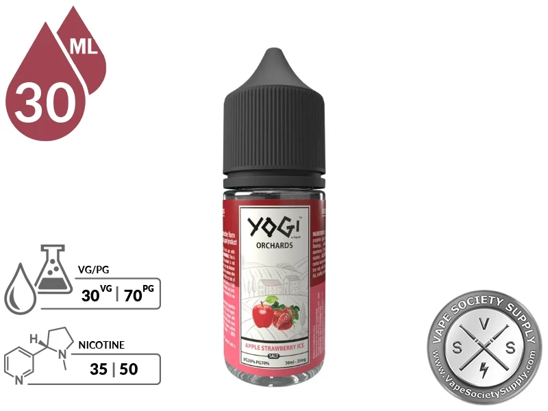 Apple Strawberry Ice by YOGI Orchards Salt 30ml bottle with a 30/70 VG/PG icon and nicotine strength icons