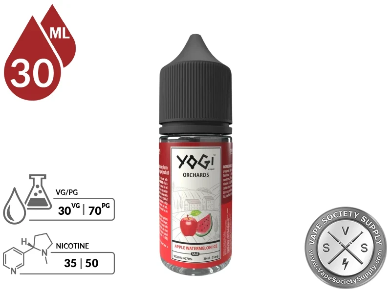 Apple Watermelon Ice by YOGI Orchards Salt 30ml bottle with a 30/70 VG/PG icon and nicotine strength icons