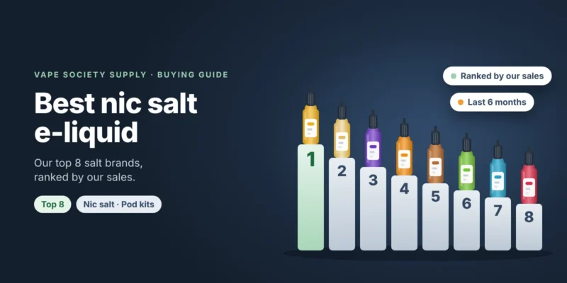 Best nic salt guide graphic: eight unbranded 30ml bottles on a podium, ranked by sales
