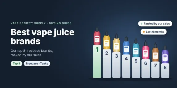 Best vape juice guide graphic: eight unbranded bottles on a podium, ranked by sales