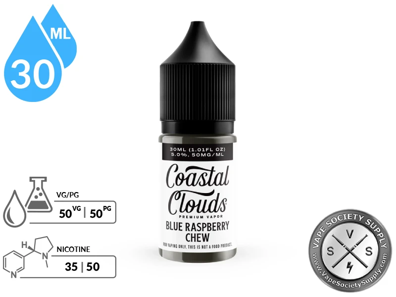 Blue Raspberry Chew Coastal Clouds Salt 30ml bottle with a 50/50 VG/PG icon and nicotine strength icons