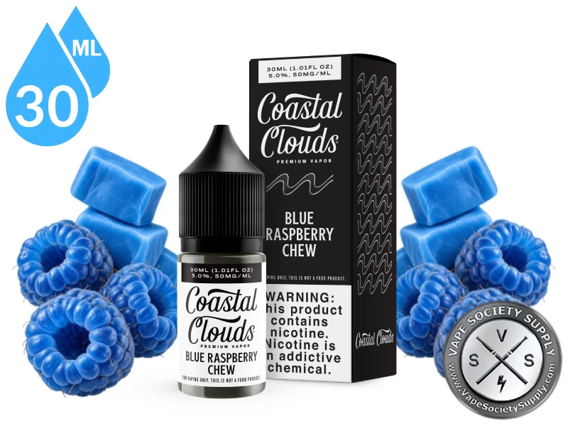 Blue Raspberry Chew Coastal Clouds Salt 30ml bottle and box with blue raspberries and blue fruit chews