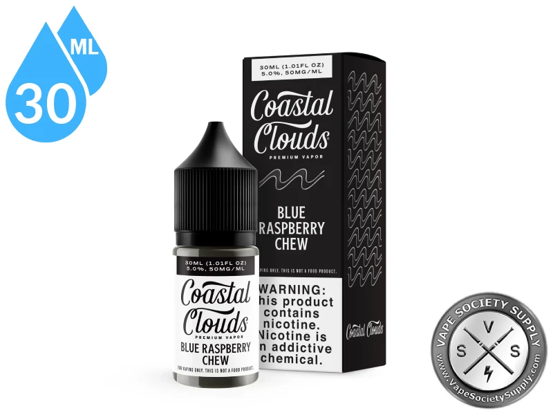 Blue Raspberry Chew Coastal Clouds Salt 30ml bottle in front of its box