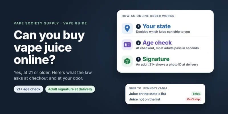 Can you buy vape juice online guide graphic: your state, the age check and an adult signature at delivery