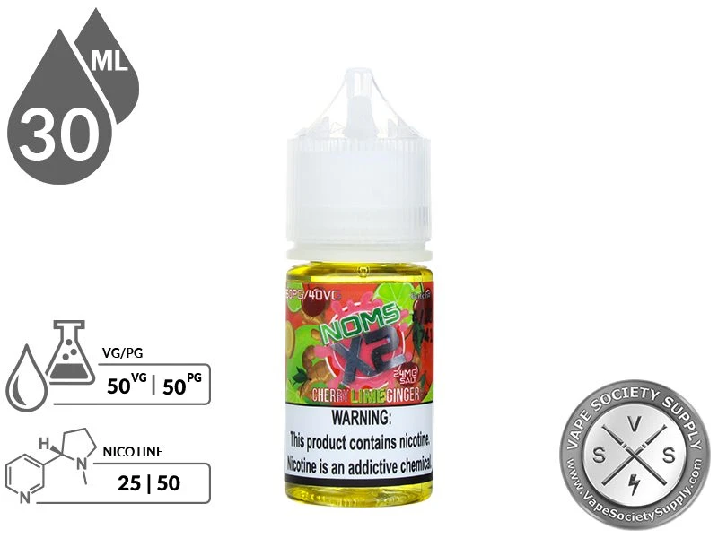 Cherry Lime Ginger by Noms X2 Salt 30ml bottle with a 50/50 VG/PG icon and nicotine strength icons