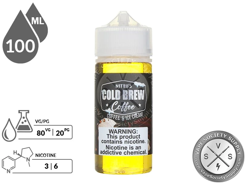 Coffee and Ice Cream by Nitro's Cold Brew Coffee 100ml bottle with an 80/20 VG/PG icon and nicotine strength icons
