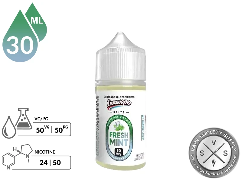 Fresh Mint Innevape Salts 30ml bottle with a 50/50 VG/PG icon and nicotine strength icons