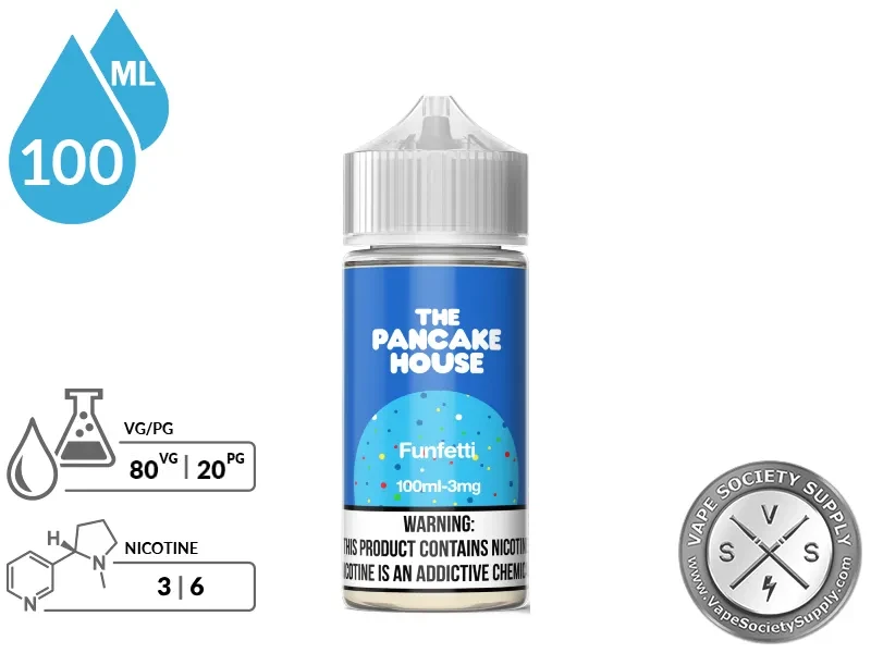 Funfetti by The Pancake House 100ml bottle with an 80/20 VG/PG icon and nicotine strength icons
