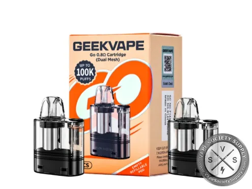 GeekVape GO 0.8Ω dual mesh cartridge box with two clear replacement pods
