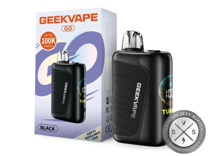 Black GeekVape GO pod system next to its lavender box marked up to 100K puffs