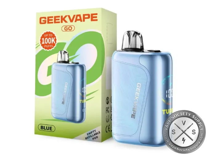 Blue GeekVape GO pod system next to its green box marked up to 100K puffs