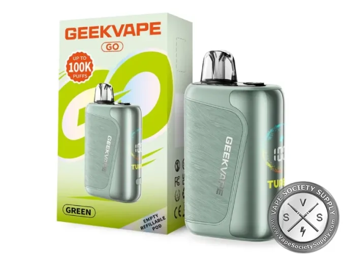 Green GeekVape GO pod system next to its lime green box marked up to 100K puffs