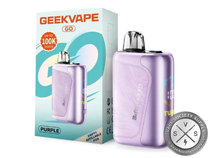 Purple GeekVape GO pod system next to its teal box marked up to 100K puffs