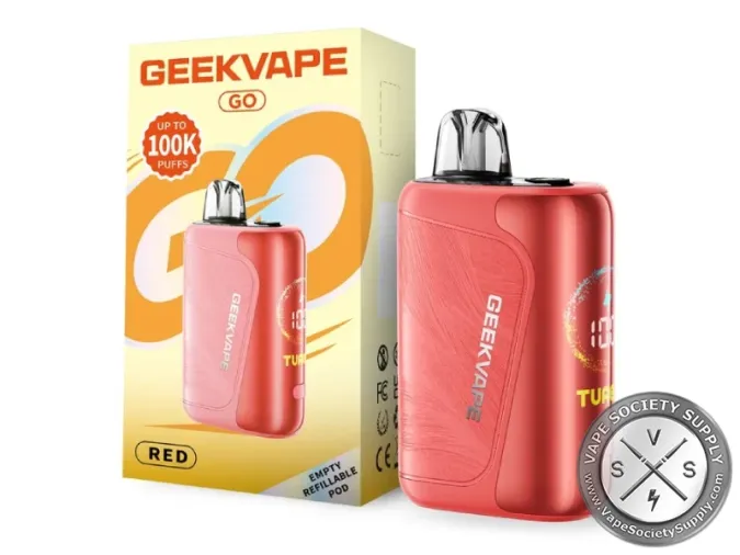 Red GeekVape GO pod system next to its yellow box marked up to 100K puffs
