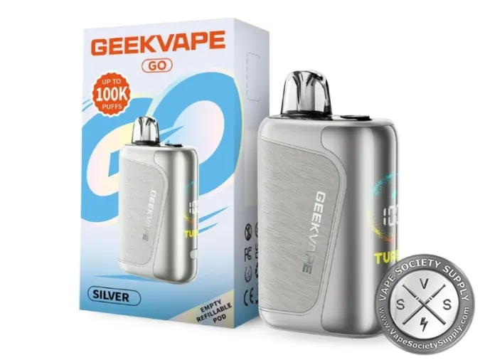 Silver GeekVape GO pod system next to its light blue box marked up to 100K puffs