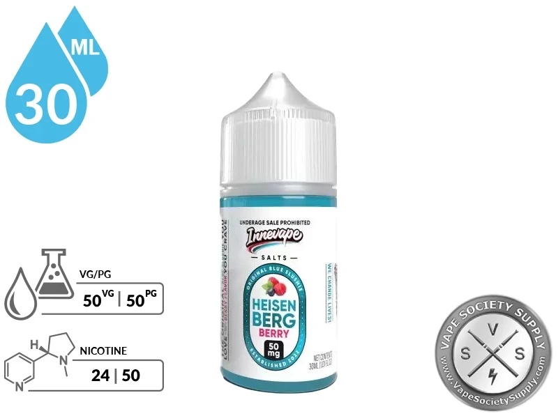 Heisenberg Berry Innevape Salts 30ml bottle with a 50/50 VG/PG icon and nicotine strength icons