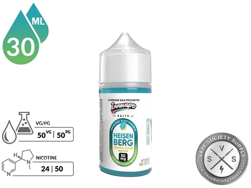 Heisenberg Lemon Sour Menthol Innevape Salts 30ml bottle with a 50/50 VG/PG icon and nicotine strength icons