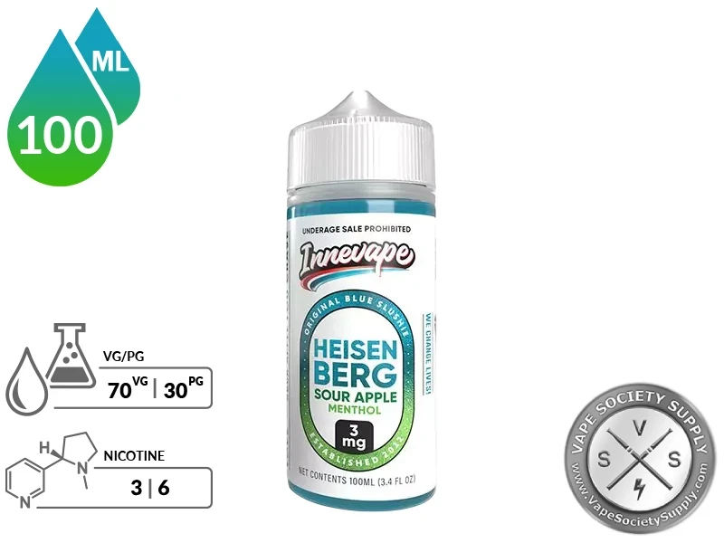 Heisenberg Sour Apple Menthol Innevape 100ml bottle with a 70/30 VG/PG icon and nicotine strength icons