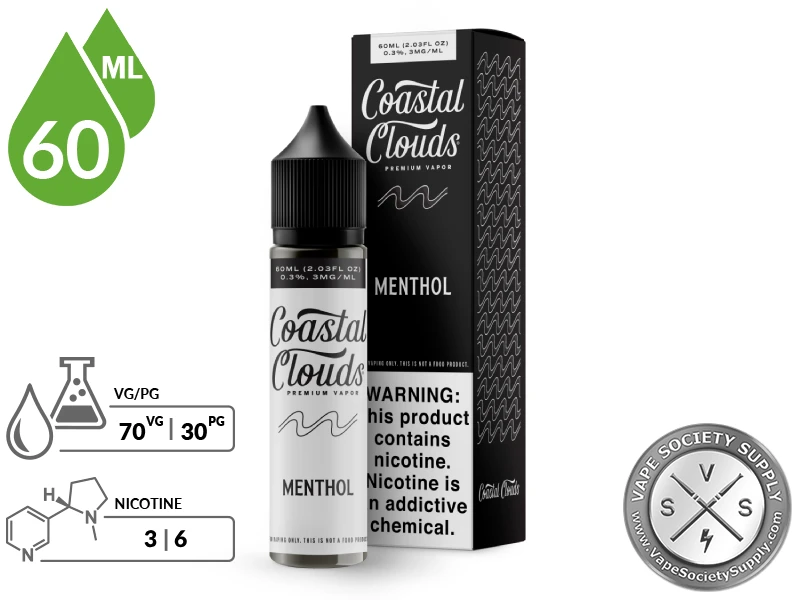 Menthol Coastal Clouds 60ml bottle and box with a 70/30 VG/PG icon and nicotine strength icons