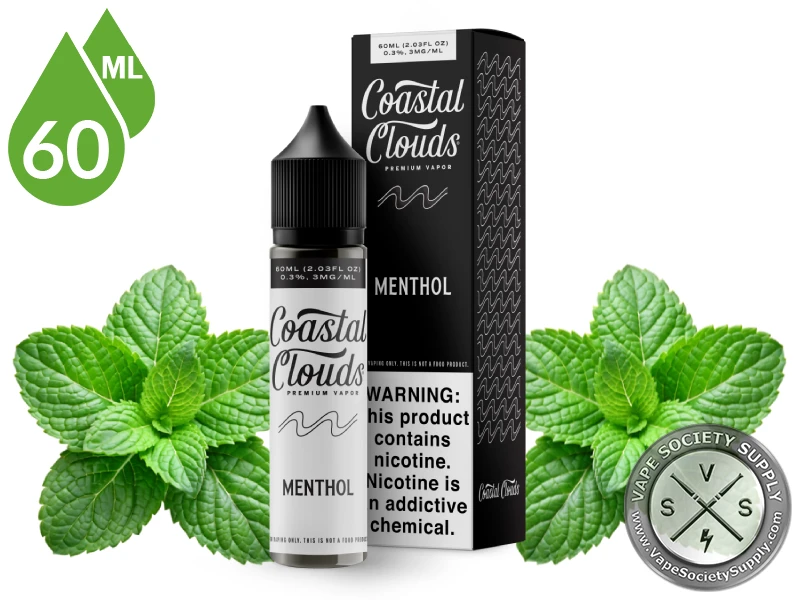 Menthol Coastal Clouds 60ml bottle and box with fresh mint leaves