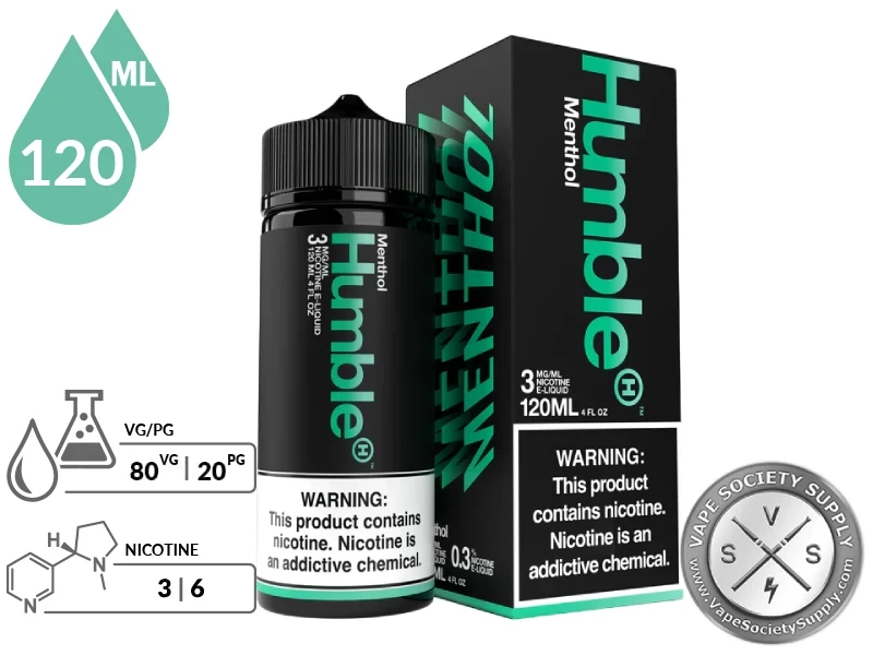 Menthol by Humble Juice 120ml bottle and box with an 80/20 VG/PG icon and nicotine strength icons
